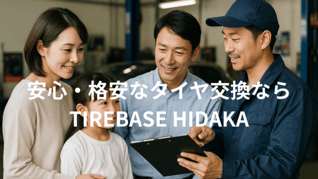日本人の家族が整備士からタイヤ交換の説明を受けている様子。明るく清潔な整備工場で、安心感と信頼を感じさせるリアルな写真。