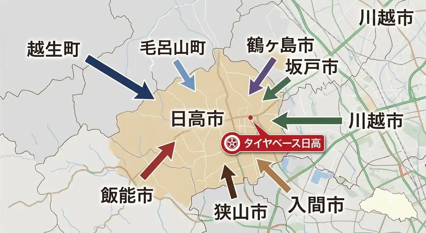 タイヤベース日高対応エリア（日高市、狭山市、入間市、飯能市、川越市、坂戸市、鶴ヶ島市、毛呂山町、越生町）