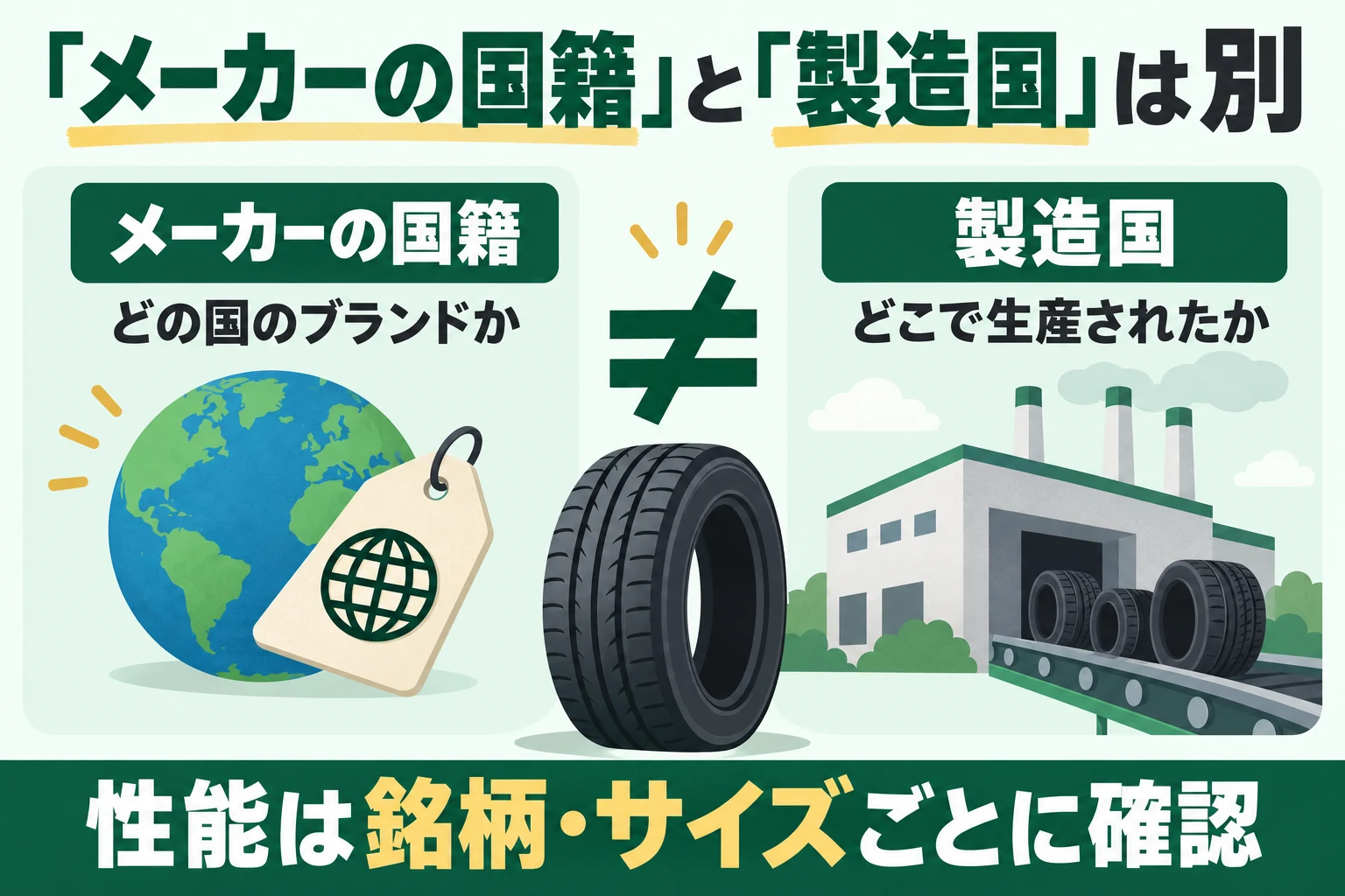 メーカーの国籍はブランドの所属国、製造国は生産地。性能は銘柄・サイズごとに確認する図解