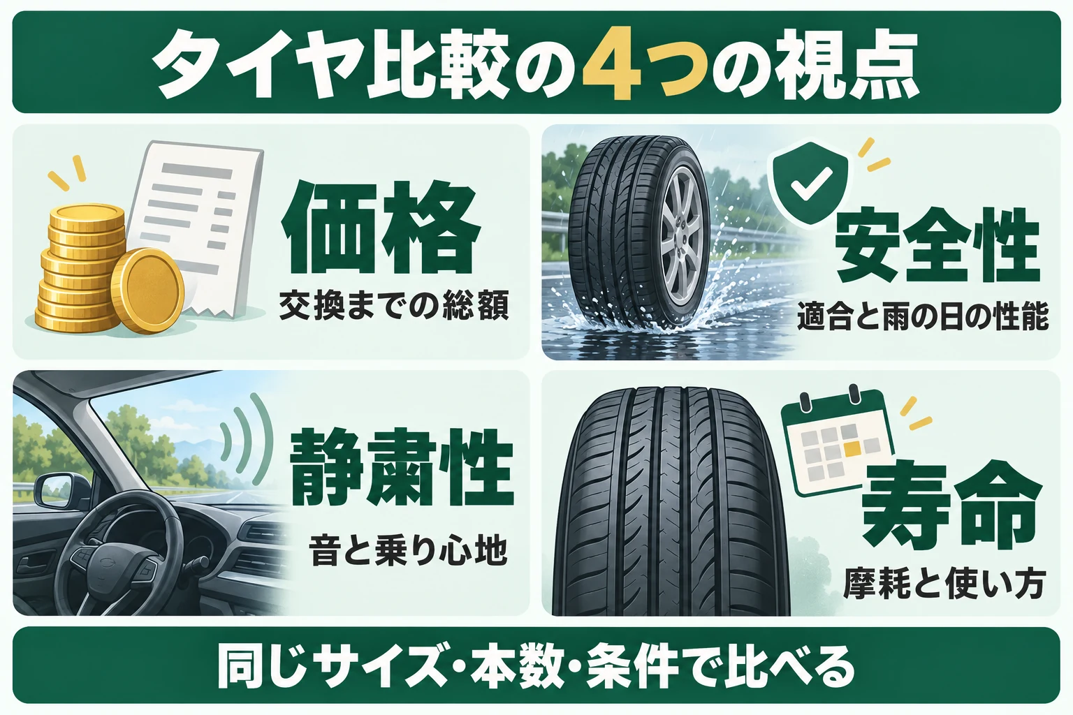 価格・安全性・静粛性・寿命の4項目を同じサイズ・本数・条件で比べる図解